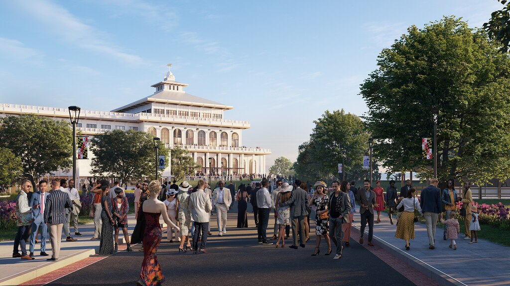 Renderings show what the redeveloped Pimlico Race Course in Park Heights could look like. The thoroughbred horse racing track is scheduled to be torn down after the 2025 Preakness Stakes and rebuilt in time for the 2027 Preakness Stakes.
