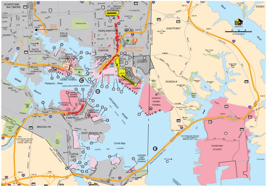 This map details the bridge and port terminals at the Port of Baltimore.