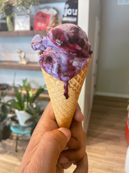 Blueberry cheesecake with salted caramel cone at Cajou Creamery.