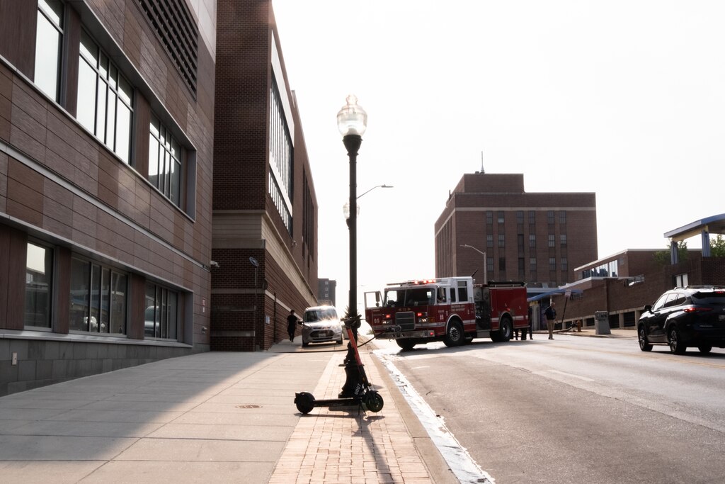 Traffic and closed streets around a Johns Hopkins Hospital facility at 1708 East Fayette Street in Baltimore on Thursday, June 5, 2025, the suspected source of an oil spill that happened Wednesday in the East Harbor.