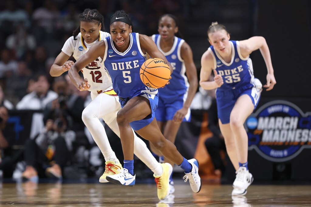 BIRMINGHAM, ALABAMA - MARCH 30: Oluchi Okananwa #5 of the Duke Blue Devils brings the ball up the court during the second half against the South Carolina Gamecocks during the second half in the Elite Eight round of the NCAA Women's Basketball Tournament at Legacy Arena at the BJCC on March 30, 2025 in Birmingham, Alabama. (Photo by Sarah Stier/Getty Images)