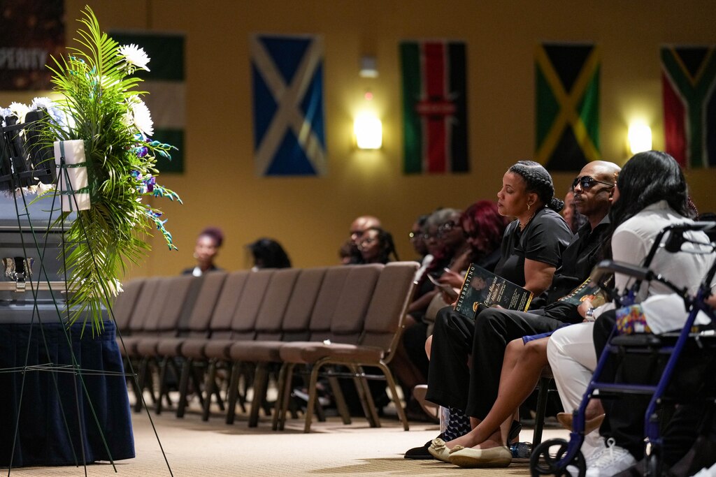 Eleshiea Goode, Dontae Melton Jr.’s mother, listens as her son is eulogized during his funeral at DreamLife Worship Center in Randallstown, Md. on Saturday, July 12, 2025. The 31-year-old died in police custody in June, just one day after his mother had attempted to file an emergency petition in court out of concern for his mental health.