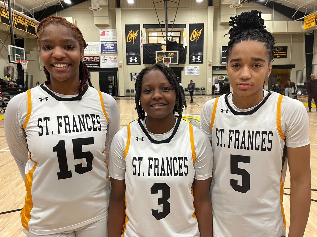 St. Frances girls basketball seniors Ande'a Cherisier (left), Kameryn Dorsey and Kimmya Hicks came up big on Senior Day Saturday afternoon. The Panthers defeated No. 7 Glen Burnie in their regular season finale in East Baltimore.
