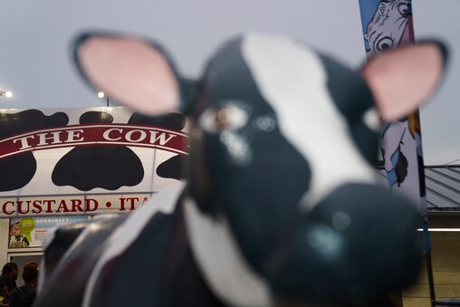 A life sized cow figurine sits in front of The Cow ice cream shop in Reistertown, Md. on July 1, 2025.