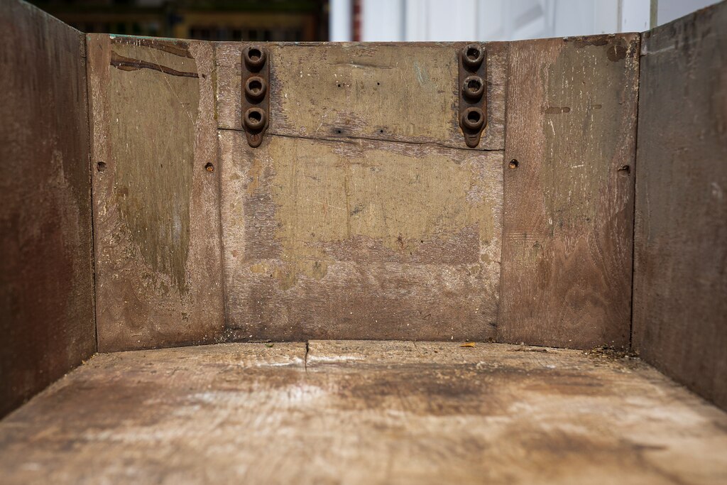 Circular pieces of metal attached to the inside of Mathilda Lorenz’s empty casket on July 28, 2022. The mysterious casket was originally found down by a stream in Wyman Park.
