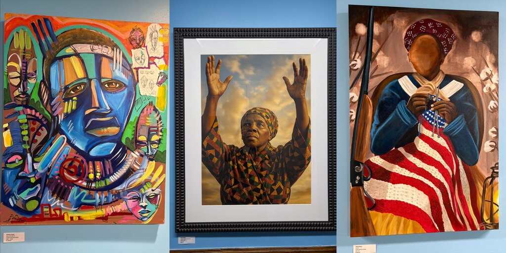 The art show depicts Harriet Tubman in different styles and colors. Only a half dozen of photos exist of Harriet, so the curator wanted the artists to be creative.