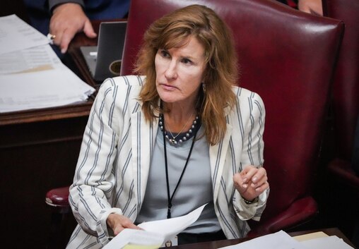 Sen. Mary-Dulany James, a Harford County Democrat, sits in the Maryland State House during Sine Die, the final day of the 2024 General Assembly Session in Annapolis, on April 8, 2024. Any bill that doesn’t get passed by midnight on Sine Die is dead, and lawmakers will need to address it next year.