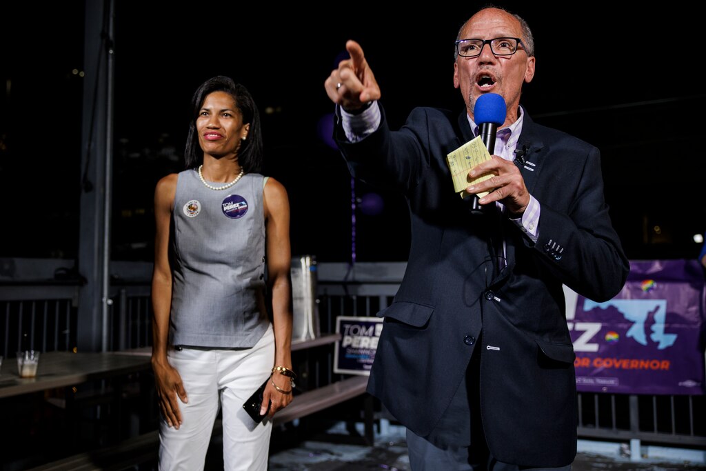 Tom Perez speaks alongside Shannon Sneed during a primary election night event at Tommy Joe's on July 19, 2022 in Bethesda, Maryland. Perez, the former U.S. Labor Secretary under President Barack Obama and a former Democratic National Committee chairman, is running for governor.