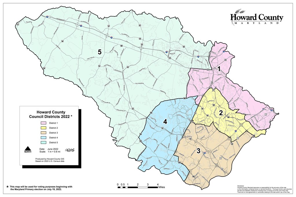 Howard County's current districts. The council seats for districts 1, 4 and 5 will be open.