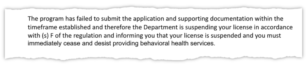 An excerpt of a letter from state regulators telling PHA Healthcare that its license was suspended.