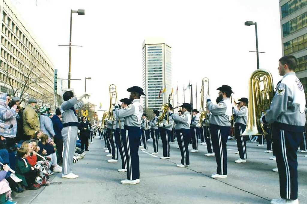The Baltimore Colts' Marching Band performs for the final time on July 11, 1998, in a parade marking the opening of the ESPN Zone at the Inner Harbor.