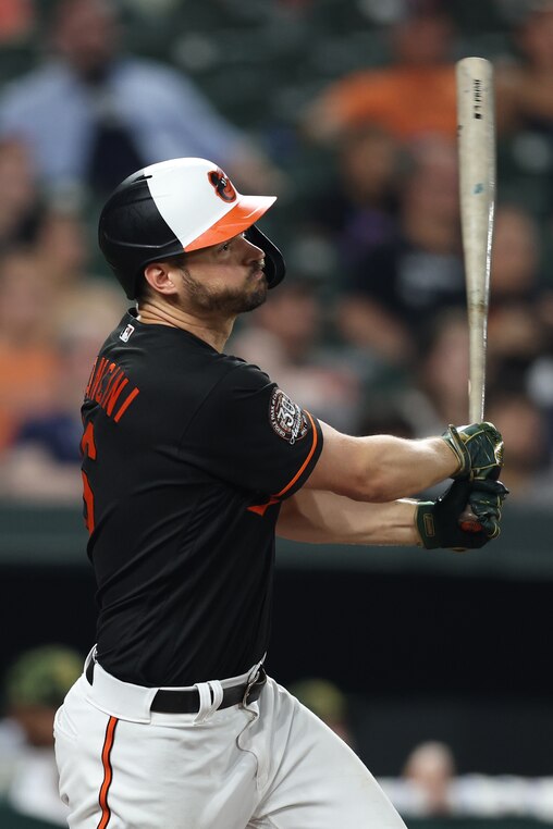 BALTIMORE, MARYLAND - MAY 20: Trey Mancini #16 of the Baltimore Orioles hits against the Tampa Bay Rays at Oriole Park at Camden Yards on May 20, 2022 in Baltimore, Maryland. (Photo by Patrick Smith/Getty Images)