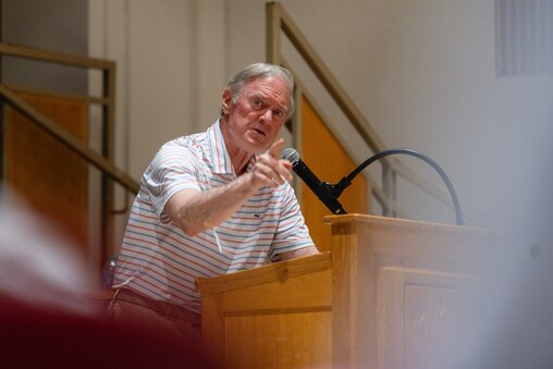 Maryland State Senator Chris West speaks during a town hall meeting updating constituents on the Maryland Piedmont Reliability Project at Hereford High School on July 16th, 2025 in Parkton, MD.