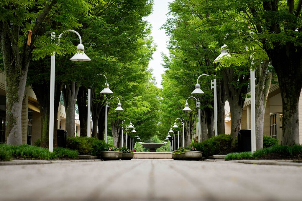 Lamps line a central plaza of the Hickory Ridge Village Center in Columbia, Md. on Wednesday, May 14, 2025.