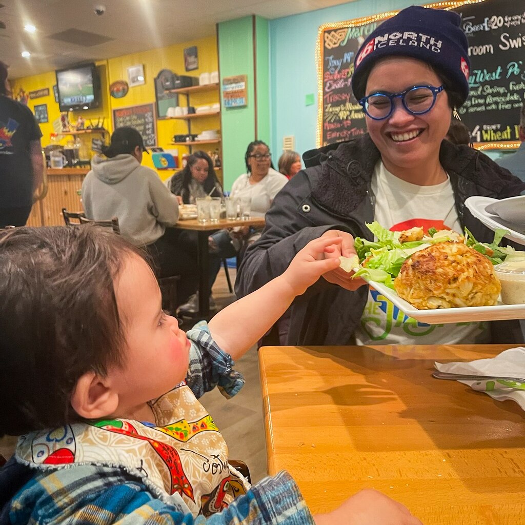 Jamie Sumague and her son Eden at Koco’s Pub on Harford Road.