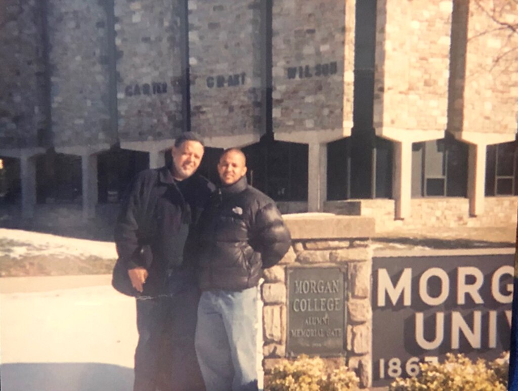 This is a picture from 1994 of Azikiwe DeVeaux and his father Guy DeVeaux at Morgan State University during homecoming.