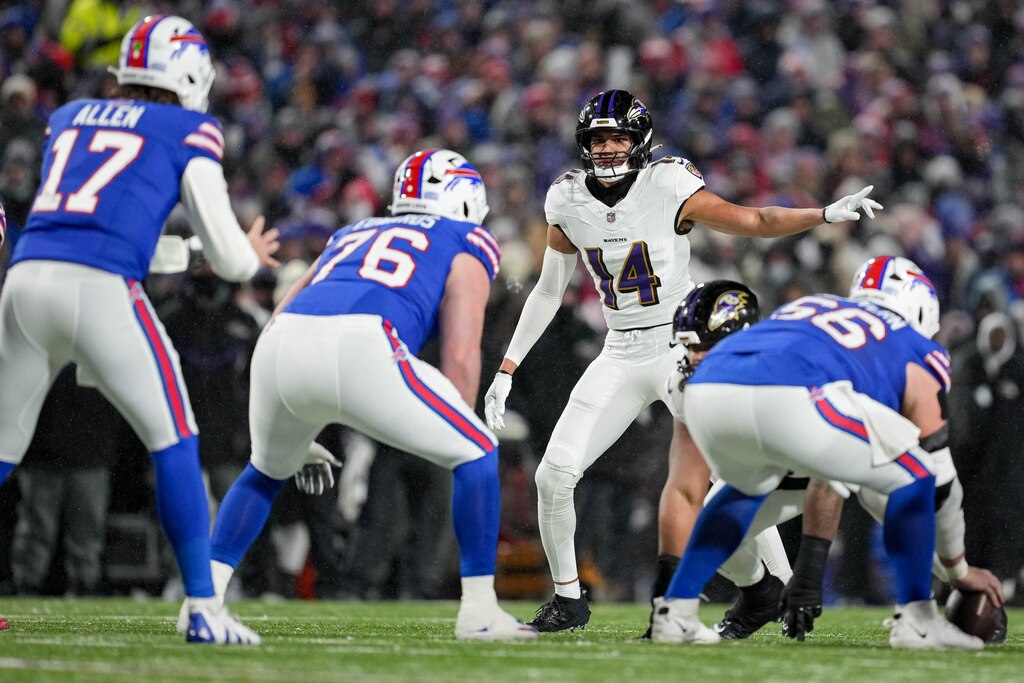 Baltimore Ravens safety Kyle Hamilton (14) calls out defensive instructions to his teammates before Buffalo Bills quarterback Josh Allen (17) receives the snap in a divisional round playoff game at Highmark Stadium in Orchard Park, NY. on Sunday, January 19, 2025.