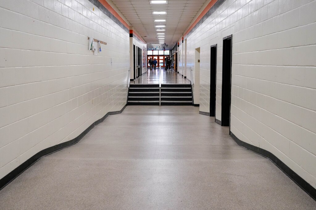 A hallway ramp leading to the only set of steps inside of Oakland Mills High School in Columbia, Md. on Wednesday, April 9, 2025.