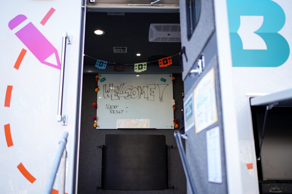 The entrance to one of the Baltimore County Public Library System’s mobile library trucks is seen outside the branch in Rosedale, Md. on Tuesday, November 26, 2024.