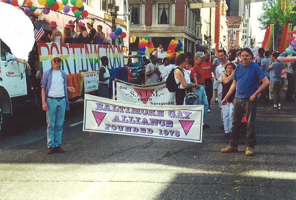 Jim Becker and Buster Hughes at a Baltimore Pride event, representing the Baltimore Gay Alliance.