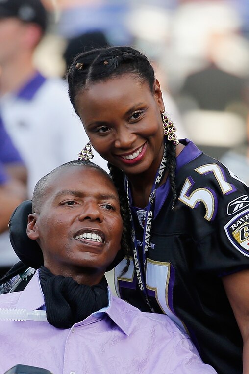 BALTIMORE, MD - AUGUST 13: Former Baltimore Ravens player O.J. Brigance and his wife Chanda pose for a photo before the start of a preseason game between the Ravens and New Orleans Saints at M&T Bank Stadium on August 13, 2015 in Baltimore, Maryland. (Photo by Rob Carr/Getty Images)
