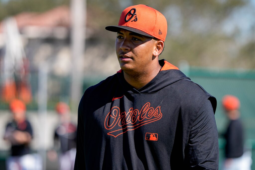 Baltimore Orioles non-roster invite and catcher Samuel Basallo warms up during Spring Training at Ed Smith Stadium in Sarasota, Fl. on Monday, February 17, 2025.