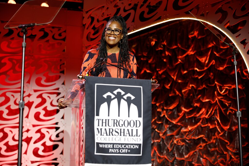 WASHINGTON, DC - SEPTEMBER 23: Thasunda Brown Duckett, CEO TIAA speaks on stage during Thurgood Marshall College Fund Leaders & Legends Gala at Hilton Washington Hotel on September 23, 2023 in Washington, D.C.