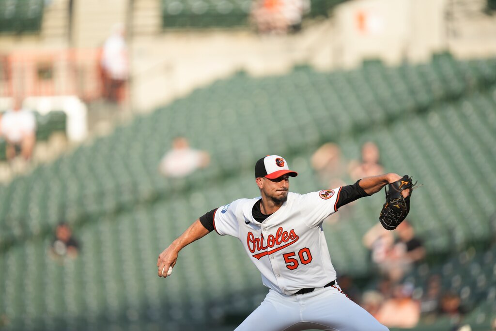 Baltimore Orioles pitcher Charlie Morton (50) pitches during a game against the Texas Rangers at Orioles Park at Camden Yards in Baltimore, Md. on June 24, 2025.