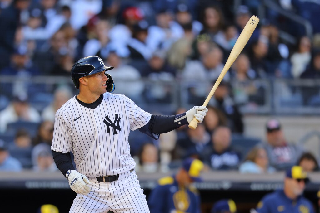 NEW YORK, NEW YORK - MARCH 27: Paul Goldschmidt #48 of the New York Yankees at bat with a torpedo bat against the Milwaukee Brewers at Yankee Stadium on March 27, 2025 in New York City. New York Yankees defeated the Milwaukee Brewers 4-2.