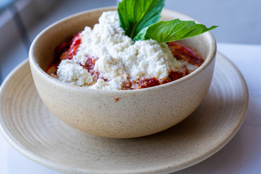 Baked meatballs, Macadamia ricotta, marinara gluten-free, at Double Zero.