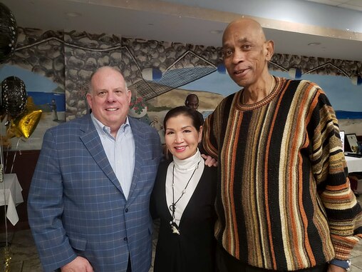Douglas DeLeaver, right, with Governor Larry Hogan and his wife, Yumi Hogan.