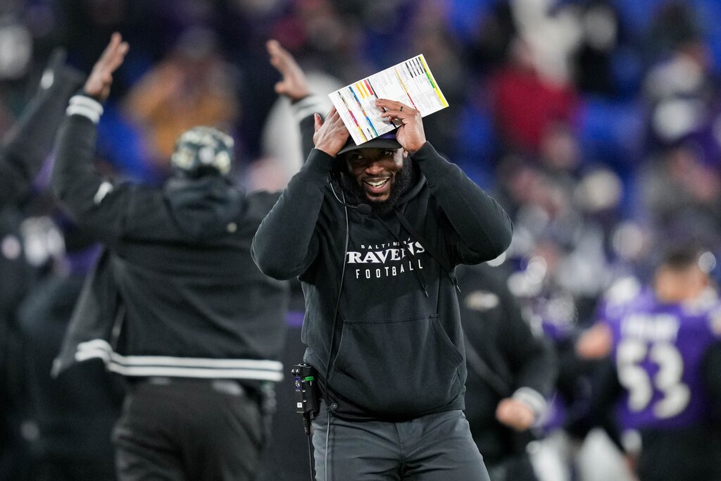 Baltimore Ravens defensive coordinator reacts after Baltimore Ravens defensive tackle Michael Pierce caught his first career interception against the Cleveland Browns at M&T Bank Stadium in Baltimore, Md. on Saturday, January 4, 2025.