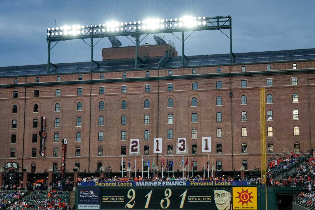 The 2131 banner on display at Oriole Park at Camden Yards in Baltimore, Md., on Saturday, Sept. 6, 2025. Saturday is the 30th Anniversary of Cal Ripken Jr.’s achievement to play 2,131 games in a row, breaking Lou Gehrigh’s record, and cementing his own place in MLB history as the ‘Iron Man.’