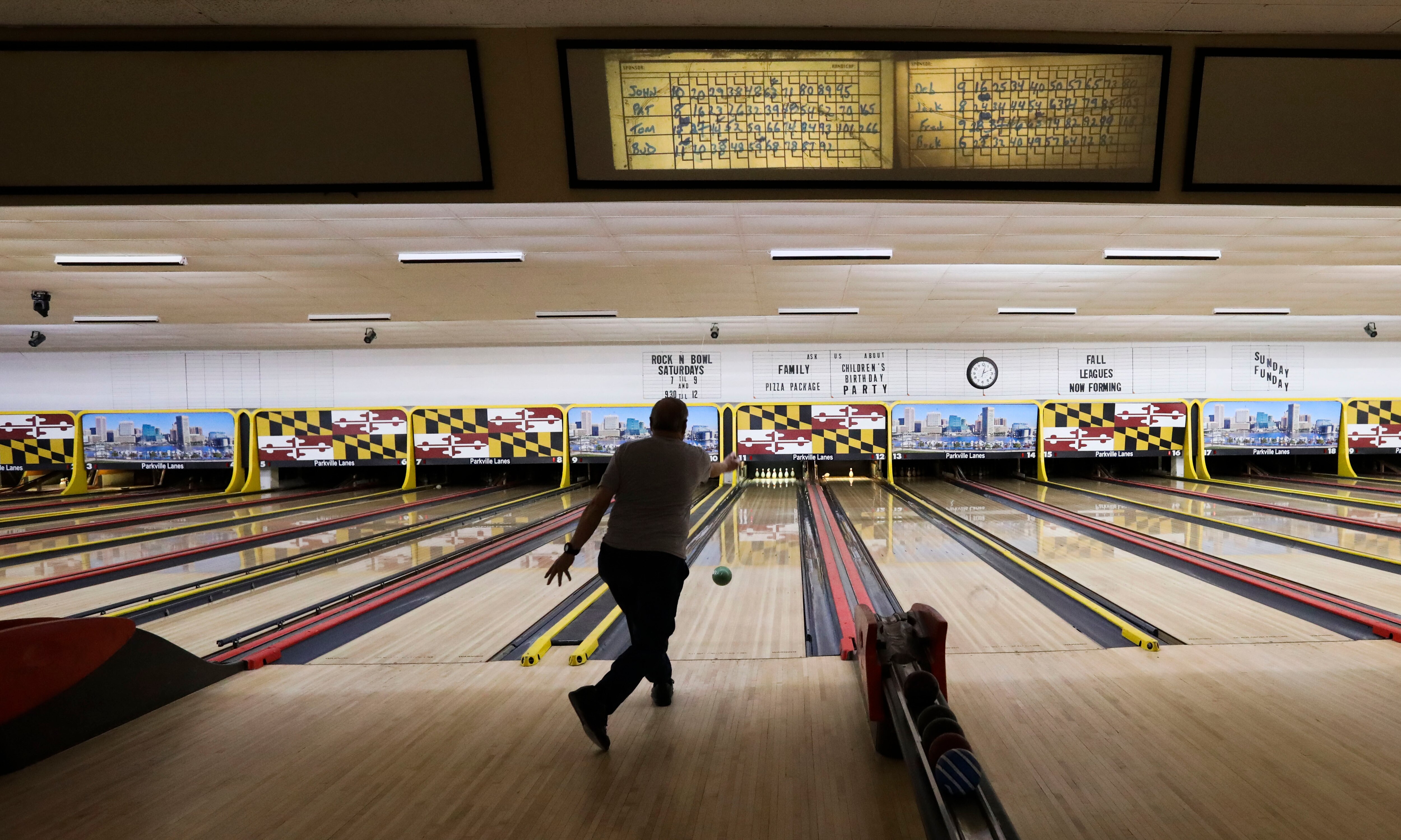 Buck Delcher and Bud Price finish up a Monday after game at Parkville Lanes.