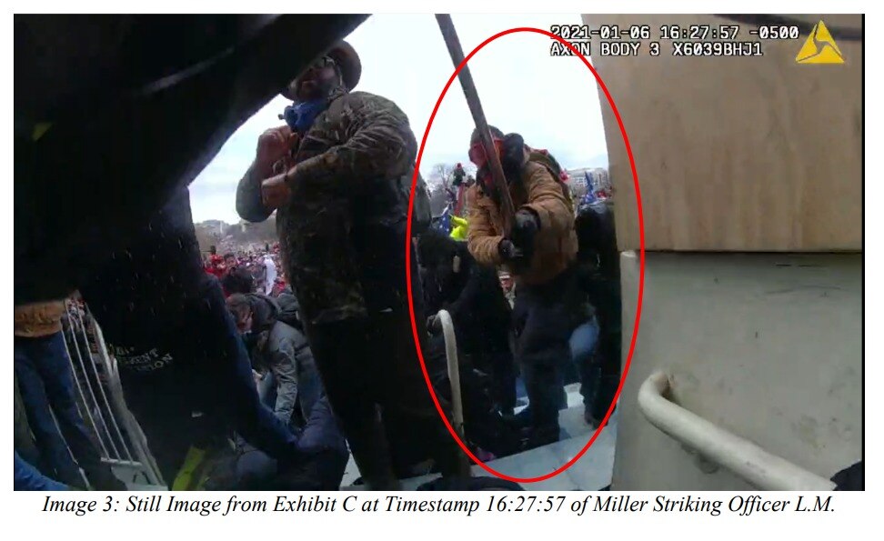 In a court filing, federal prosecutors say Scott Miller, 36, of Millersville, swung a pole at a police officer during the Jan. 6, 2021, riot at the U.S. Capitol. Miller, circled in a photo captured that day, was a member of the fascist group the Proud Boys at the time of the attack.