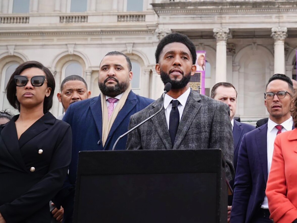 Mayor Brandon Scott speaking outside City Hall in support of Faith Leach, whose confirmation for the City Administrator position was stalled during a council meeting late Thursday.