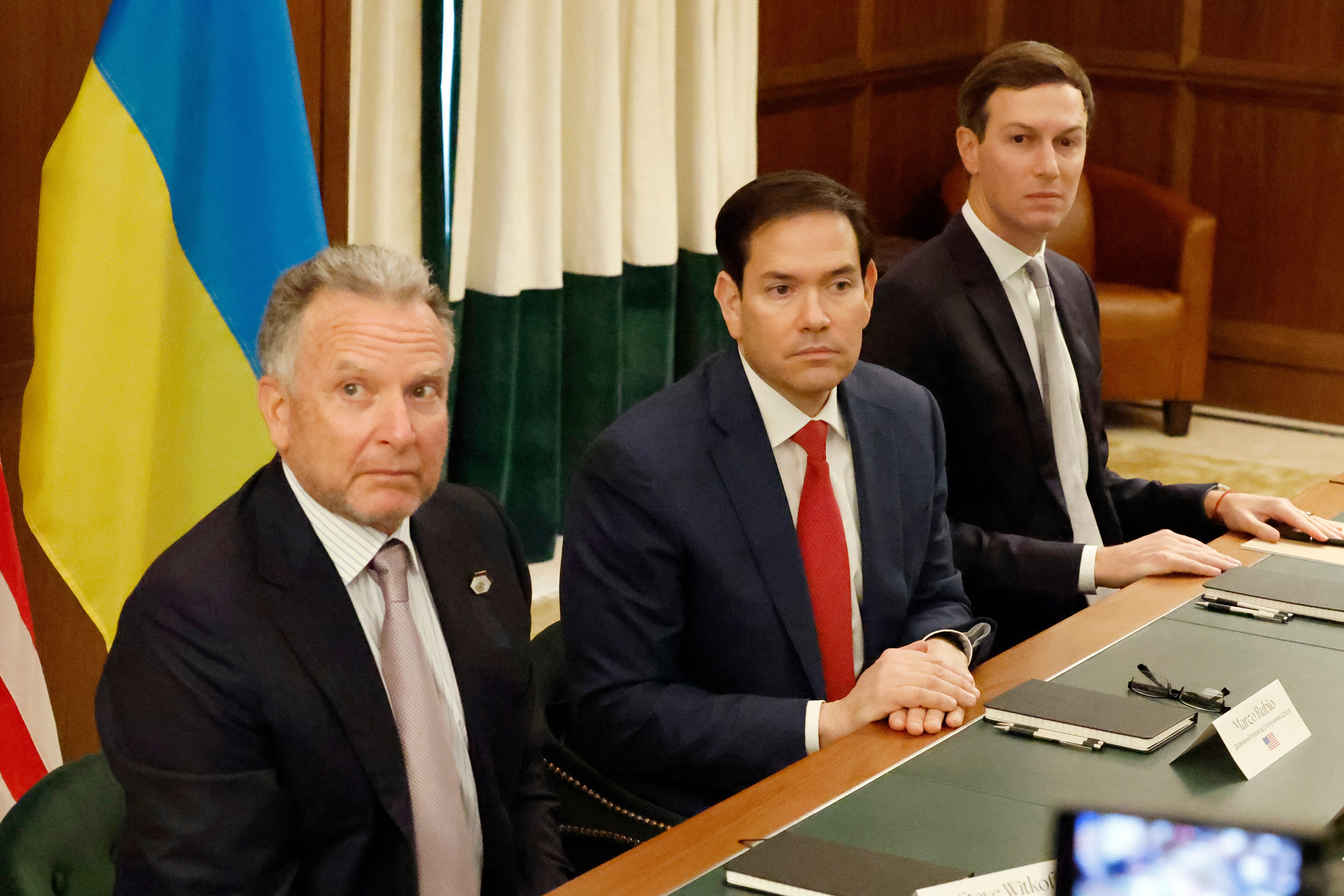 Special Envoy Steve Witkoff, left, Secretary of State Marco Rubio, center, and Jared Kushner attend a meeting with Ukrainian officials Sunday, Nov. 30, 2025, in Hallandale Beach, Fla.