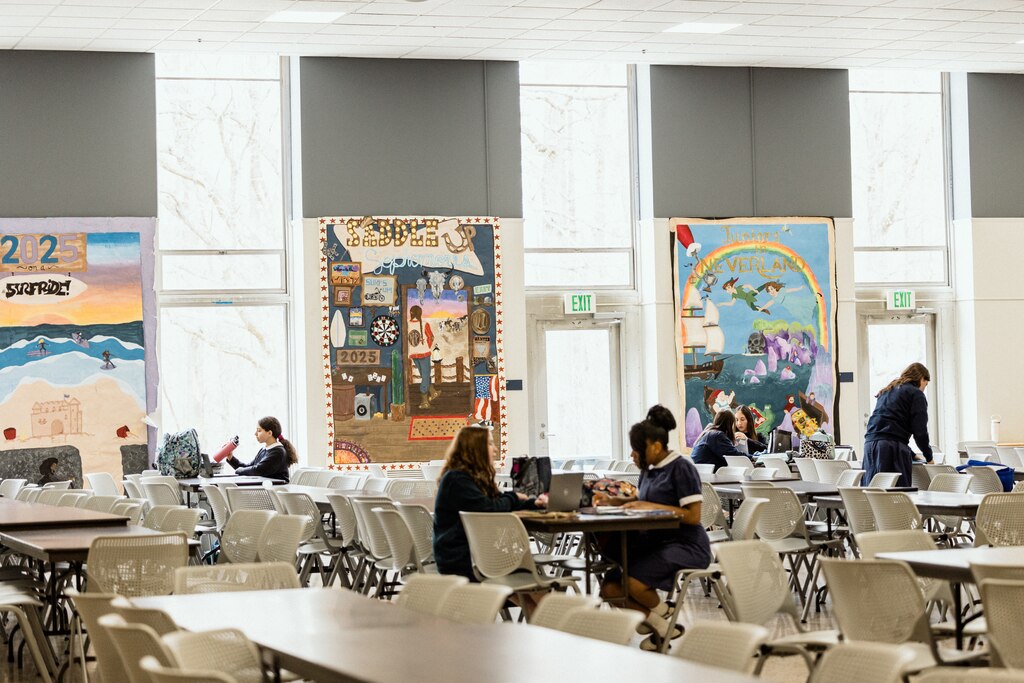 TOWSON, MD - April 2, 2025: The cafeteria of Notre Dame Preparatory School is seen in Towson, Maryland on April 2, 2025.