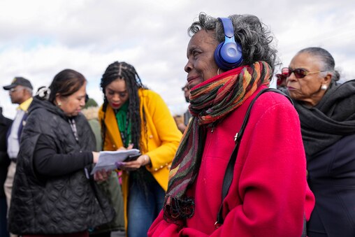 Claire Dorsey listens as remarks are given outside Emmarts United Methodist Church in Windsor Mill, Md. on Saturday, February 1, 2025. The church, a historic safehouse on the Underground Railroad, hosted a program to commemorate the start of Black History Month on Saturday.