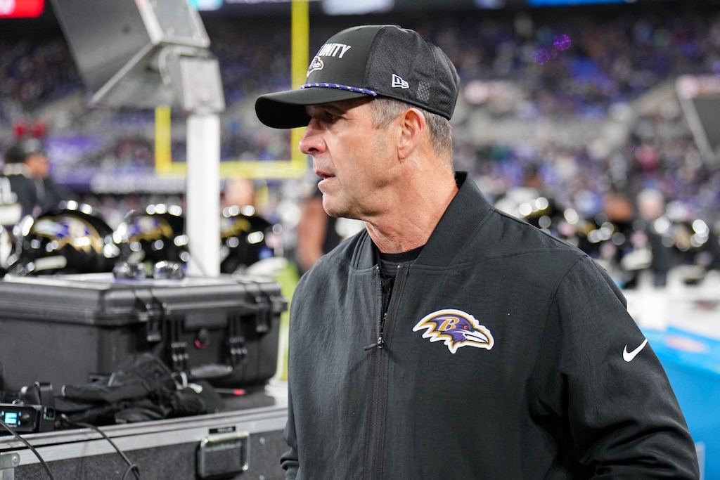 Baltimore Ravens head coach John Harbaugh returns to the field after halftime in a football game against the New England Patriots at M&T Bank Stadium in Baltimore, Md. on Sunday, December 21, 2025. The Sunday Night Football game was the Ravens’ final home game of the regular season.