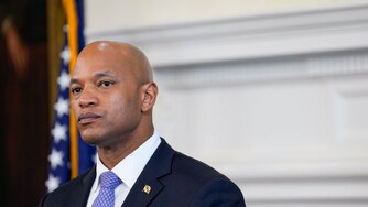 Gov. Wes Moore listens as Attorney General Anthony Brown gives remarks on Maryland’s sweeping audit of police-custody deaths during a news conference at the Maryland State House in Annapolis, Md. on Thursday, May 15, 2025.