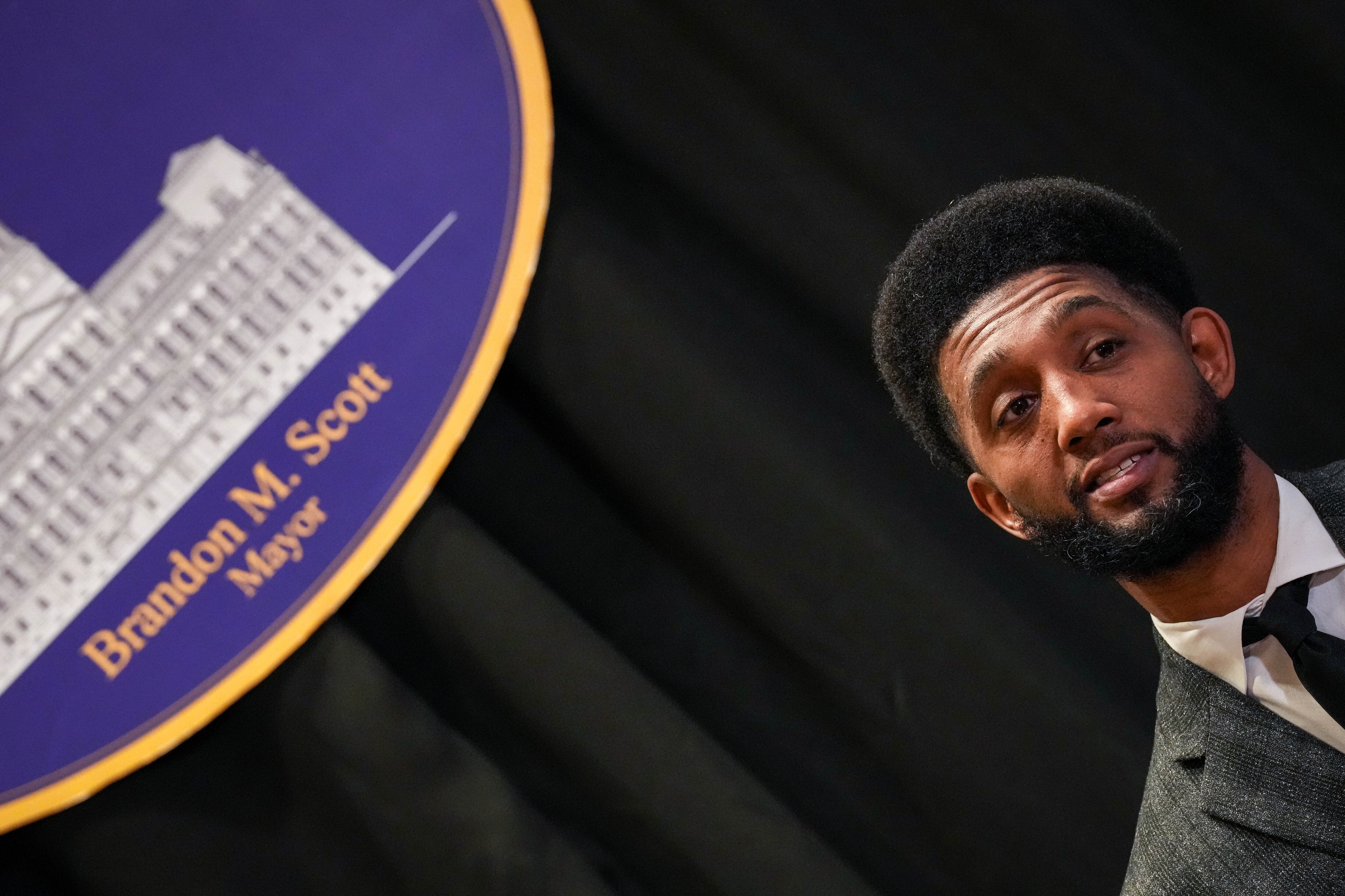 Mayor Brandon Scott takes questions during a year-end press conference in City Hall on Wednesday, December 21.