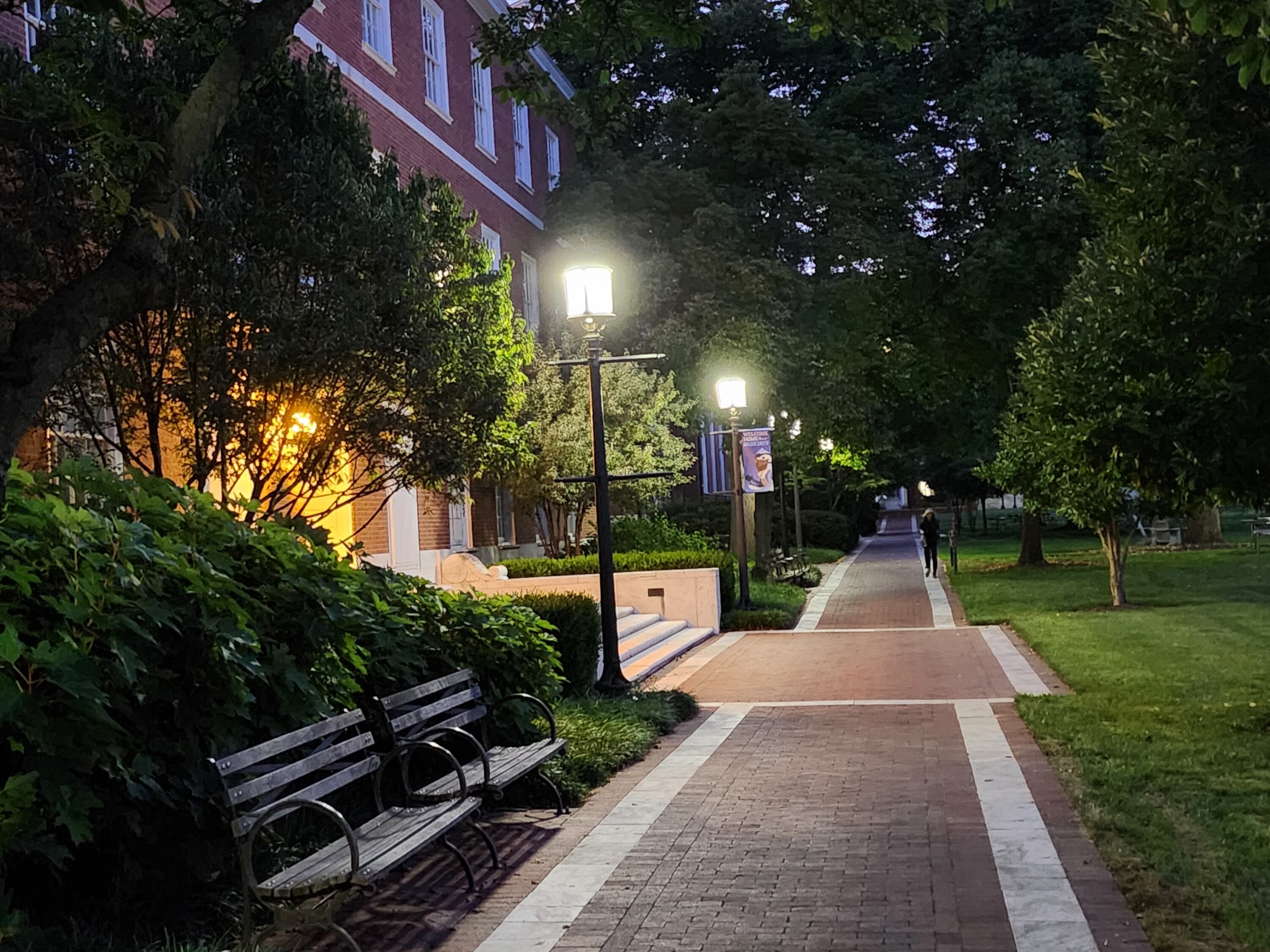 A place for taking a stroll along Keyser Quad at the Johns Hopkins University Homewood Campus.