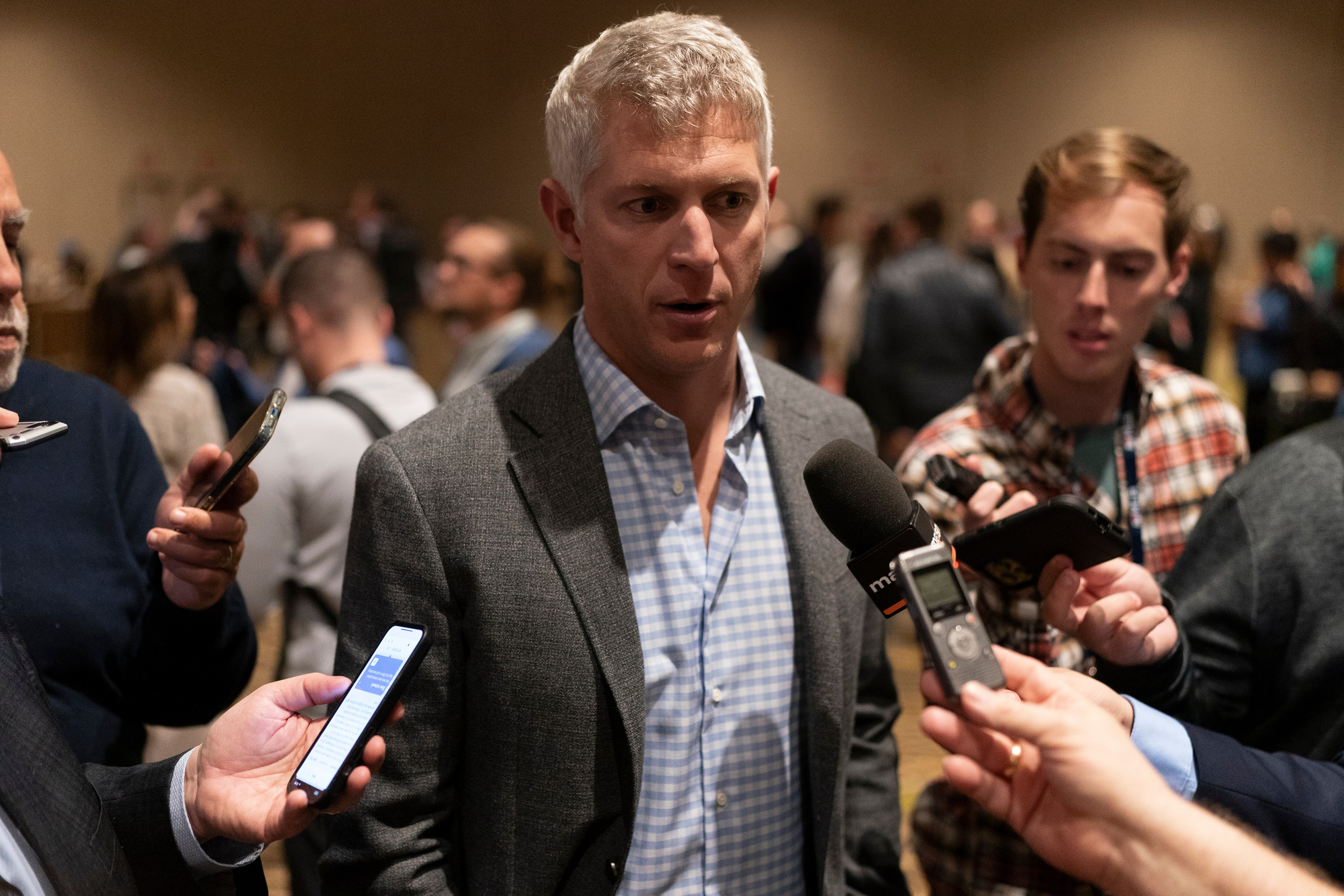 Baltimore Orioles general manager Mike Elias responds to questions during the Major League Baseball winter meetings Tuesday, Dec. 5, 2023, in Nashville, Tennessee. (AP Photo/George Walker IV)
