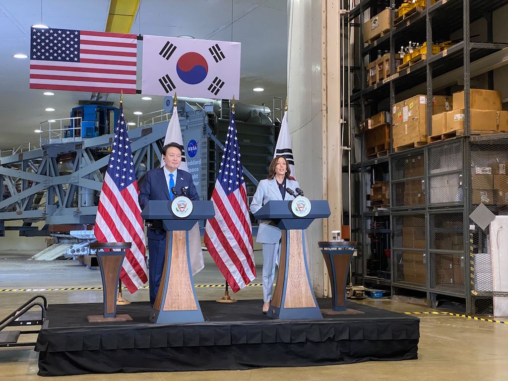 GREENBELT, Md. - Vice President Kamala Harris and South Korean President Yoon Suk Yeol speak at NASA's Goddard Space Flight Center about a new space cooperation agreement between the United States and South Korea.