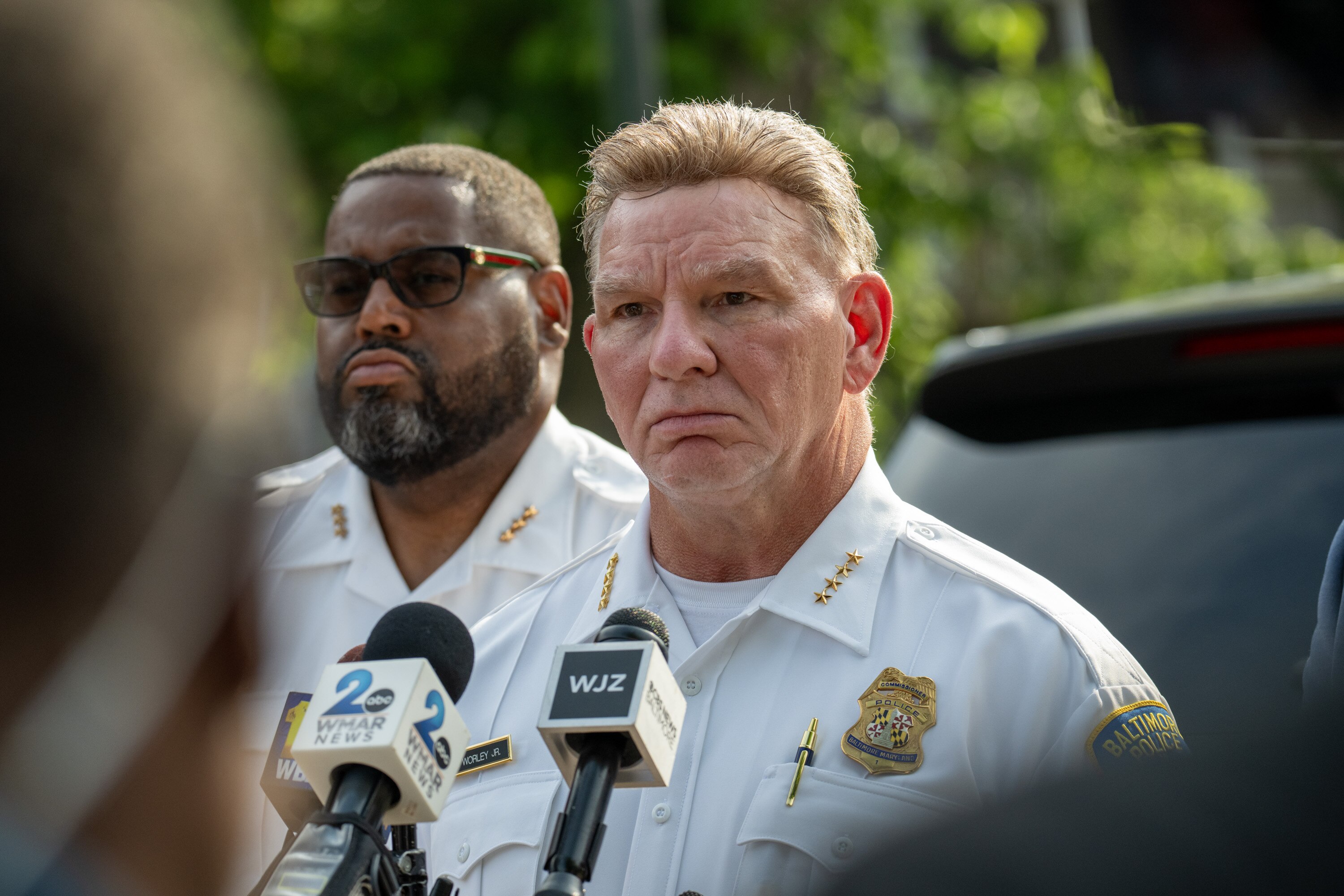 Baltimore Police Commissioner Richard Worley speaks to the media following an officer involved shooting in West Baltimore, June 25, 2025.