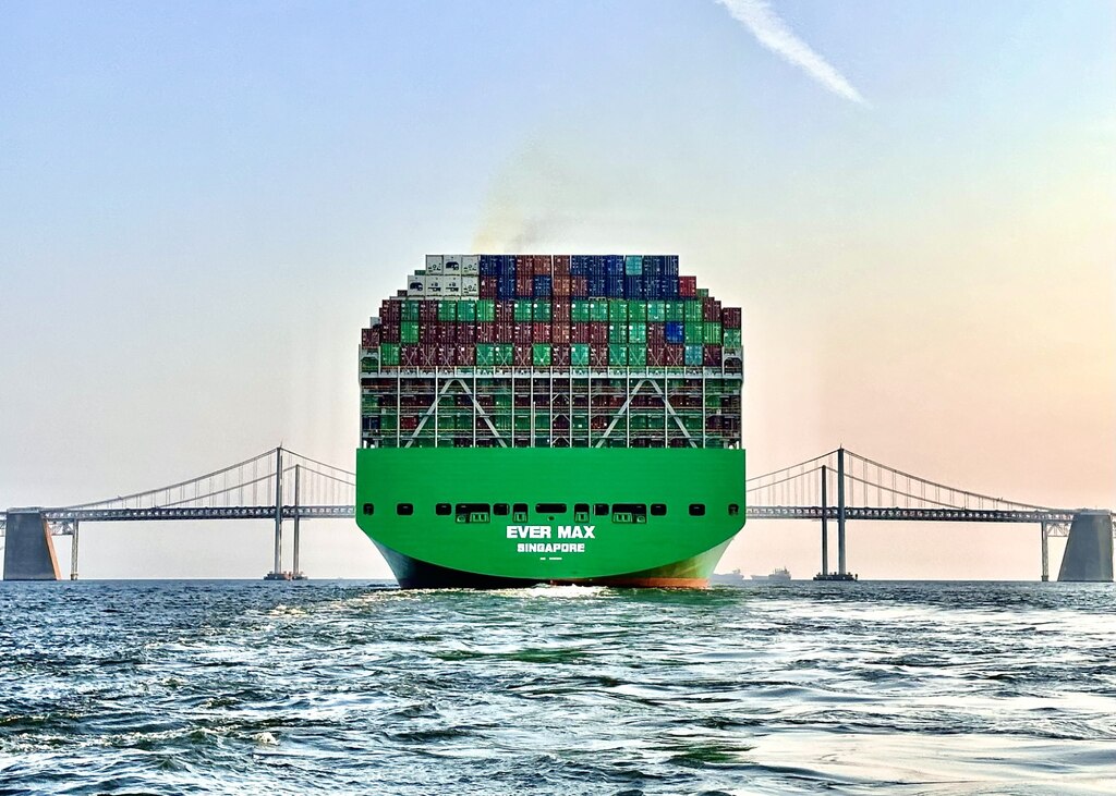 The Ever Max, a container ship, approaches the Chesapeake Bay Bridge.