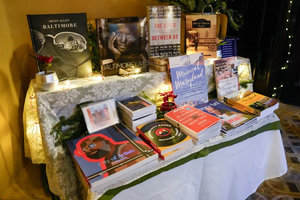 A selection of books on display during the Ivy Bookshop’s pop-up event inside the Mount Vernon Place United Methodist Church and Asbury House in Baltimore, Md. on Thursday, December 4, 2025.