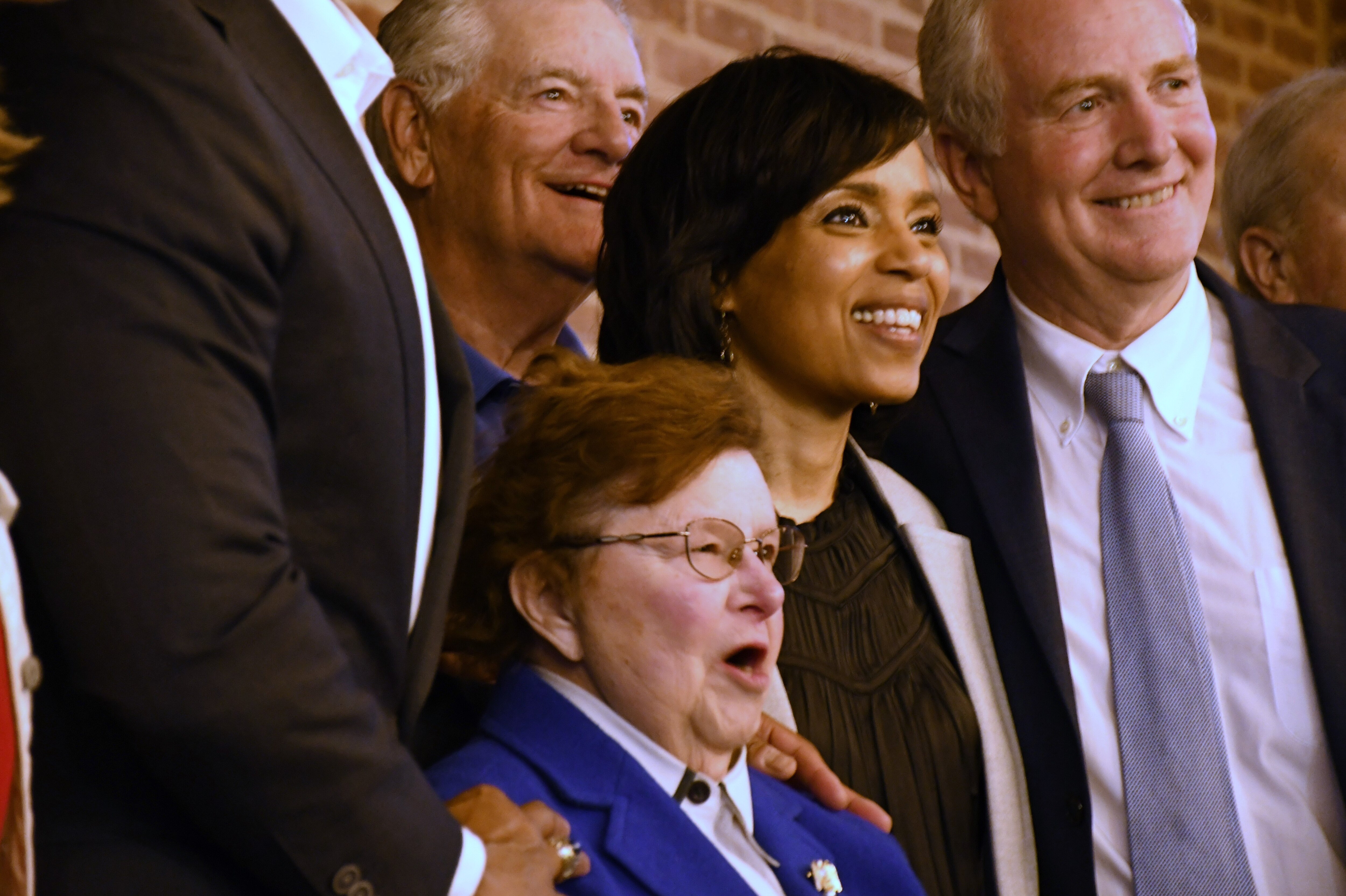 Retired U.S. Sen. Barbara A. Mikulski, left, and Angela Alsobrooks pose for pictures along with other politicians. Mikulski announced her support for Alsobrooks in the Democratic primary for U.S. Senate during a fundraiser for Alsobrooks at Guilford Hall Brewery in Baltimore on Tuesday, April 30, 2024.