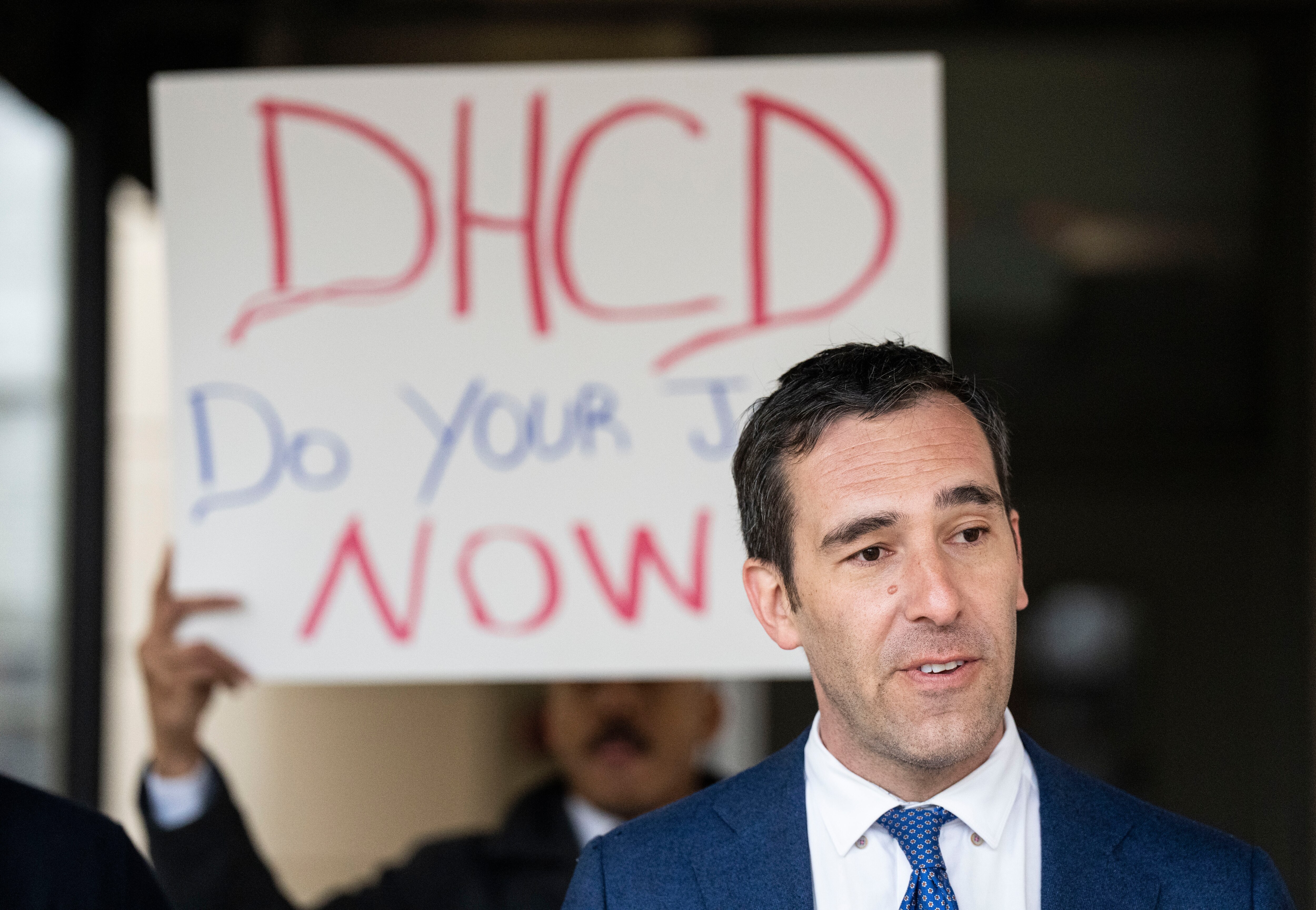 Council member Zeke Cohen speaks in Baltimore alongside a coalition of renters demanding strengthened accountability for the city’s most frequently cited and hazardous multifamily dwellings on Monday, Feb. 27, 2023.